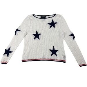 Vintage White Star Open Knit Sweater Petite Large Coastal Grandma Patriotic